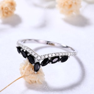 Marquise Cut Black Onyx Wedding Band White Gold Curved Moissanite Ring Band Vintage Black Stone Stacking Ring Silver Leaf Ring for Women