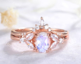 Oval Rainbow Moonstone Bridal Ring Set Engagement Jewelry Set Silver 14k Rose Gold Curve Wedding Ring Women Birthstone Anniversary Gift