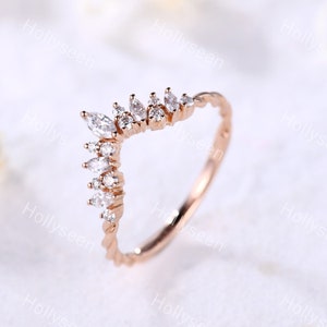 Marquise CZ Diamond Silver 14k Rose Gold Wedding Band Twist Engagement Ring Art Deco Curve Stackable Bridal Women Stacking Matching Band