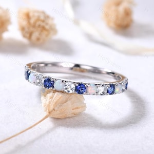 2mm Opal Aquamarine Sapphire Wedding Band Silver White Gold Ring Half Eternity Ring Blue Gemstone Stacking Ring Birthstone Ring for Her