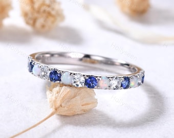 2mm Opal Aquamarine Sapphire Wedding Band Silver White Gold Ring Half Eternity Ring Blue Gemstone Stacking Ring Birthstone Ring for Her
