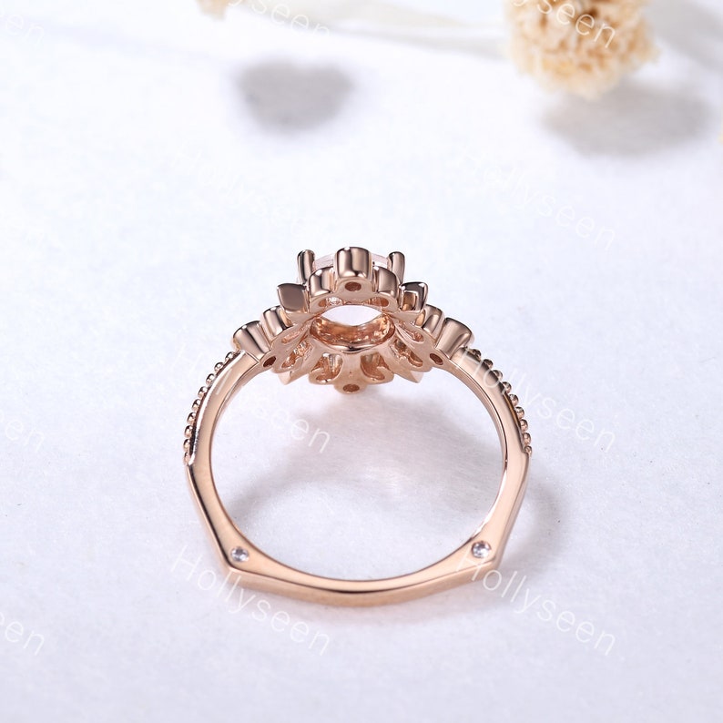Unique Round Cut Morganite Halo Engagement Ring 14k Rose Gold Vintage Flower Pink Morganite Ring Art Deco Natural Inspired Ring for Women image 4