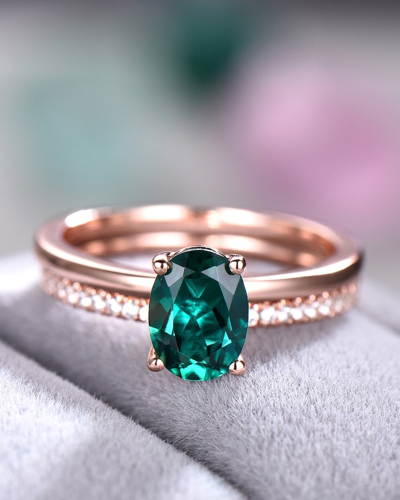 Lab Created Emerald Wedding Ring Set Rose Gold Bridal Set 925 Etsy
