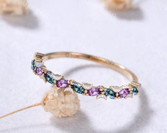 Celestial Marquise Cut Alexandrite Amethyst Moon Wedding Band 14k Yellow Gold Unique Crescent Stacking Ring February June Birthstone Ring