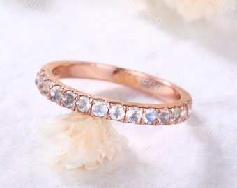 Rainbow Moonstone Wedding Ring Silver 14k Natural Moonstone Engagement Ring Half Eternity Minimalist Stackable Ring Women Matching Band