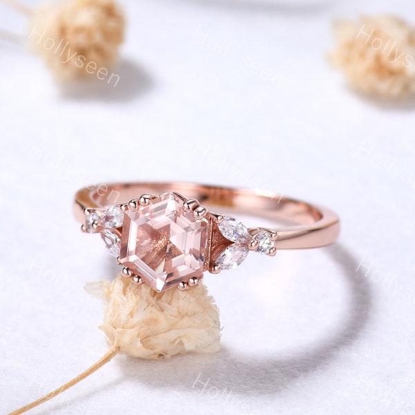 Hexagon Cut Morganite Engagement Ring 14k Rose Gold Vintage Marquise Leaf Diamond Women Wedding Ring Unique Anniversary Gift for Her