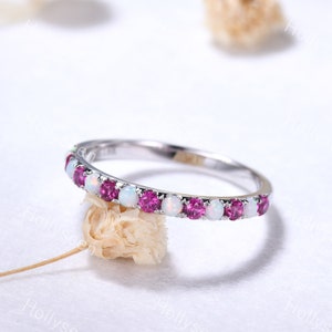 2mm Opal Ruby Wedding Band Half Eternity Red Stone Stacking Ring Minimalist Birthstone Stackable Ring Women Sterling Silver Gemstone Ring