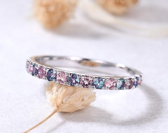 2 mm alexandriet roze toermalijn trouwring zilver witgouden ring halve eeuwigheid stapelring geboortesteen ring edelsteen ring cadeau voor vrouwen