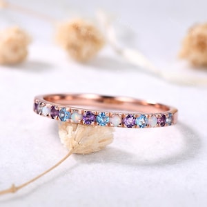 2mm Opal Blue Topaz Amethyst Wedding Band Rose Gold Half Eternity Stacking Ring Blue Purple Gemstone Ring Birthstone Stackable Ring for Her