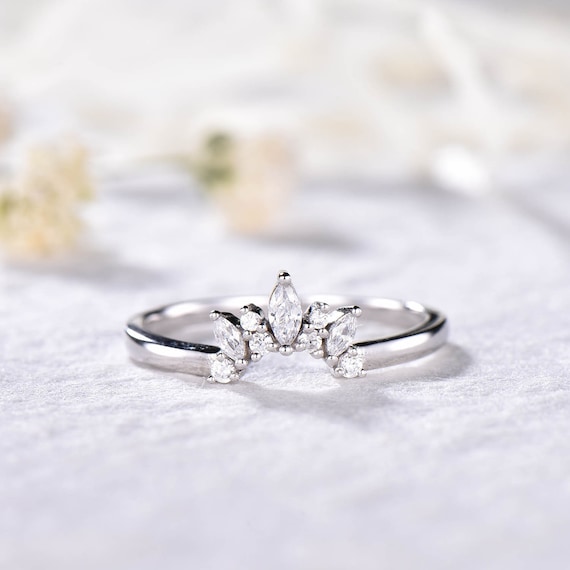 Moissanite Band White Gold Moissanite Wedding Band Curved Wedding Band  Unique Ring Stackable Ring Vintage Ring Matching Band Sterling Silver