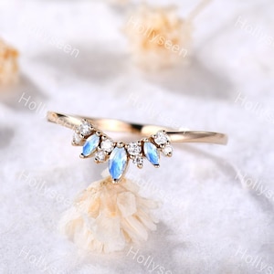 Marquise Blue Moonstone Curved Wedding Band Ring Rose Gold Moissanite Stacking Band Dainty Ring Anniversary Ring Promise Ring for Women