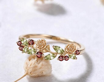 Marquise Peridot Garnet Botanical Rose Wedding Band Floral Solid 14k Gold Green Red Gemstones Flower Leaf Anniversary Promise Ring for Her
