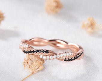 Infinity Black Onyx Moissanite Twisted Wedding Band Full Eternity Rose Gold Twist Stacking Ring Minimalist Promise Stack Ring for Her