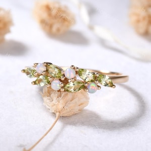 Marquise Peridot Opal Yellow Gold Ring Vintage Green White Gemstone Cluster Wedding Ring Dainty Birthstone Ring Anniversary Gift Women