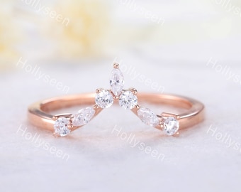 Curved Wedding Band Rose Gold Moissanite Wedding Band Vintage Engagement Ring Stacking Ring Viking Ring Unique Ring Promise Ring for Women