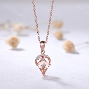 Vintage Kite Cut Pink Morganite 14k Rose Gold Pendant Art Deco Necklace Unique Moon Necklace Dainty Women Bridal Anniversary Gift for Her