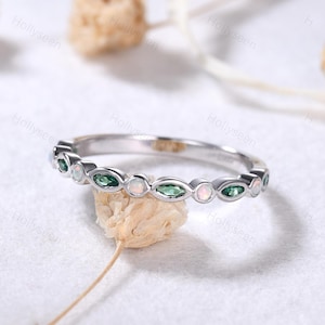 Opal Emerald White Gold Wedding Band Sterling Silver Green Gemstone Stacking Ring May Birthstone Stackable Ring Women Bridal Matching Band