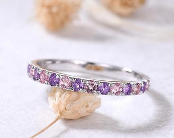 2mm Pink Tourmaline Amethyst Wedding Band Sterling Silver Half Eternity Natural Gemstone Stack Ring Minimalist Birthstone Stacking Ring