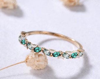 Moon Marquise Cut Moss Agate Emerald Wedding Band 14k Yellow Gold Cluster Green Gemstones Celestial Crescent Stack Ring May Birthstone Band