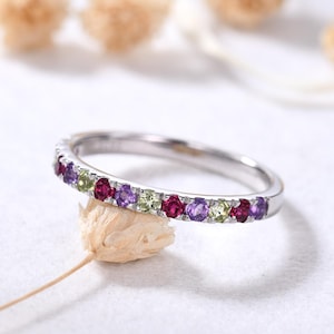 2mm Amethyst Ruby Peridot Wedding Band Silver White Gold Stacking Ring Half Eternity Gemstone Stackable Ring Dainty Birthstone Promise Ring