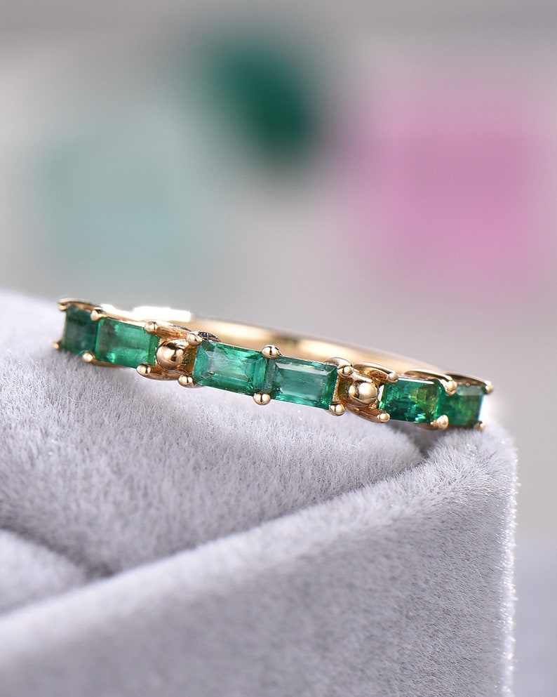 Lab Created Emerald Wedding Band Engagement Ring 14k Yellow Etsy