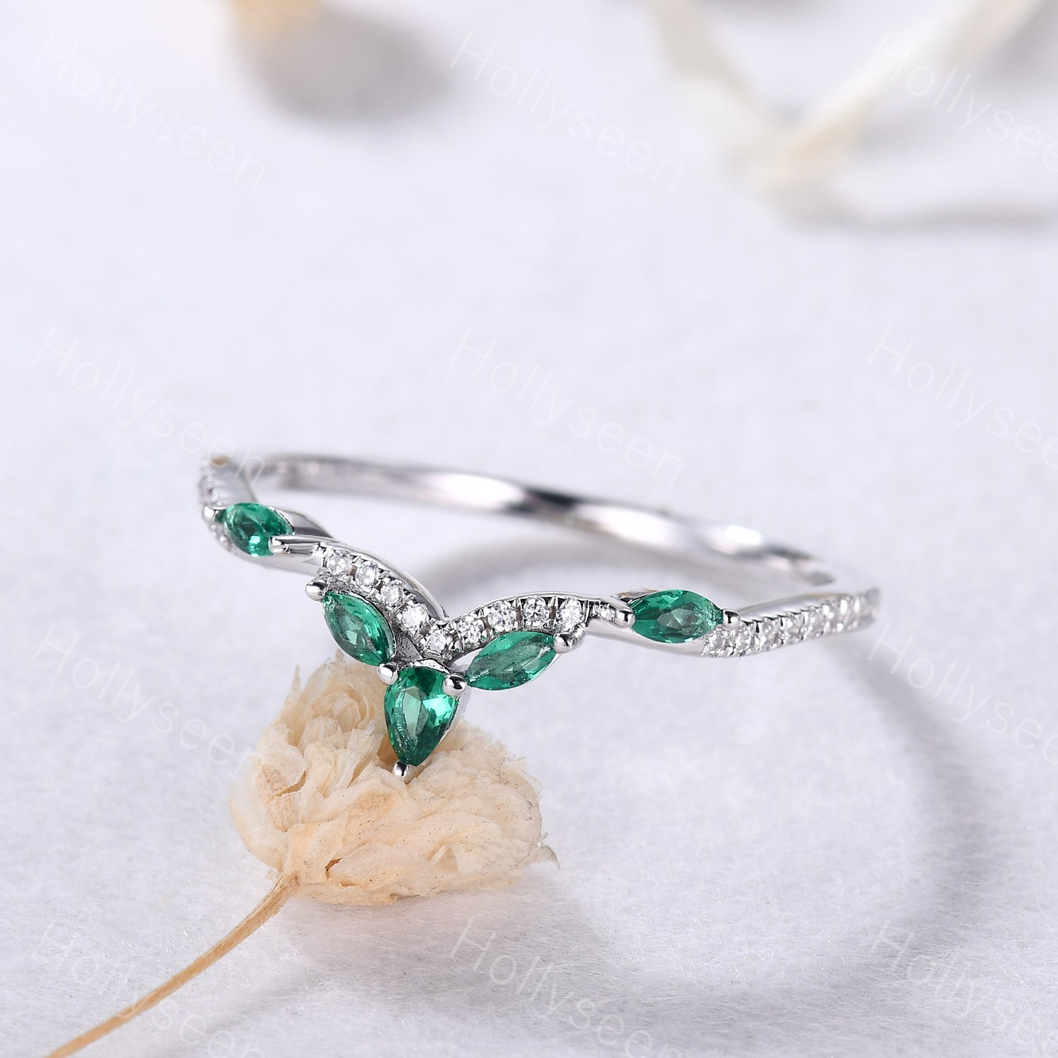 Emerald Moissanite White Gold Wedding Band Sterling Silver Engagement Curved Stacking Ring Green Stone Stackable Ring Bridal Matching Ring