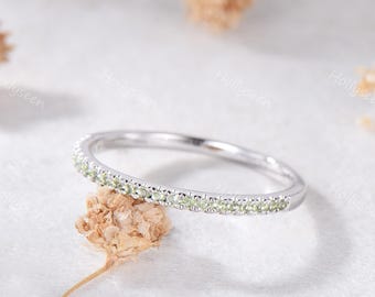 Simple Peridot Thin Wedding Band Silver White Gold Half Eternity Minimalist Green Gemstones Stack Ring August Birthstone Pave Stackable Ring