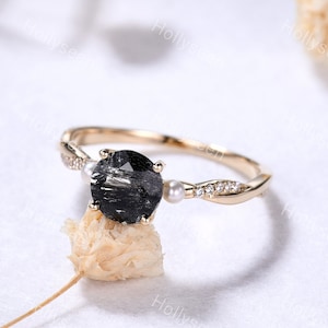 Natural Round Cut Black Rutilated Quartz Solitaire Engagement Ring Solid Gold Pearl Moissanite Ring Twisted Ring Black Stone Ring for Women