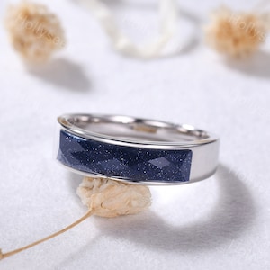 Blue Sandstone White Gold Couple Wedding Band Sterling Silver Goldstone Galaxy Engagement Ring Women Men Anniversary Ring Promise Ring Gold