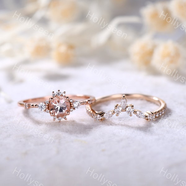 Dainty Pink Morganite Ring Set Rose Gold Natural Morganite Bridal Set Engagement Ring Wedding Ring Sets Stackable Women Anniversary Gift