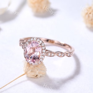 Vintage Oval Cut Pink Morganite Engagement Ring 14k Rose Gold Moissanite Halo Ring Pink Stone Ring Promise Anniversary Ring for Women Gift