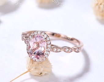 Vintage Oval Cut Pink Morganite Engagement Ring 14k Rose Gold Moissanite Halo Ring Pink Stone Ring Promise Anniversary Ring for Women Gift