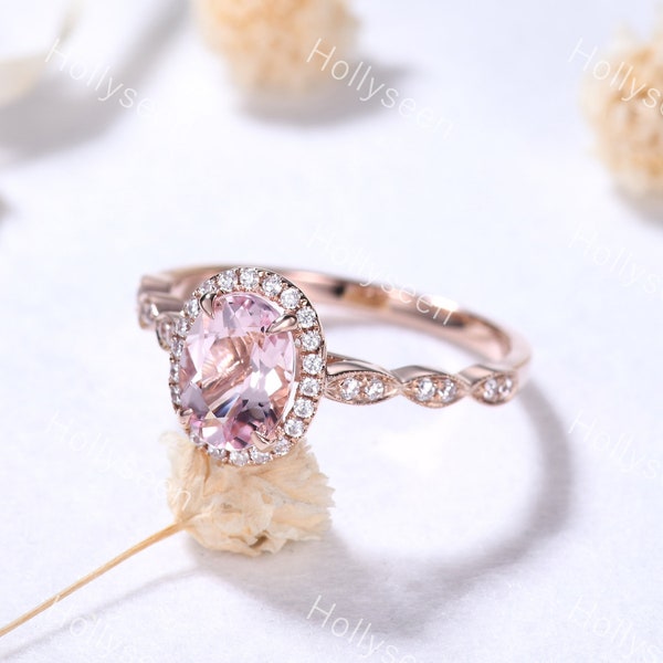 Vintage Oval Cut Pink Morganite Engagement Ring Rose Gold Moissanite Halo Ring Pink Stone Ring Promise Anniversary Ring for Women