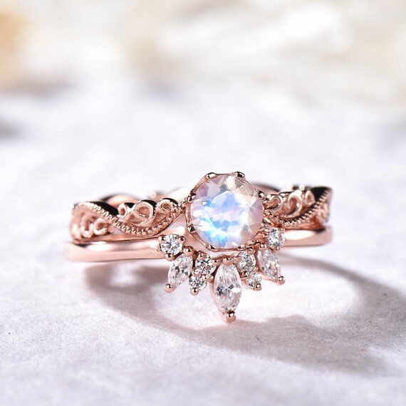 Natural Rainbow Moonstone Bridal Ring Set CZ Diamond Stackable | Etsy