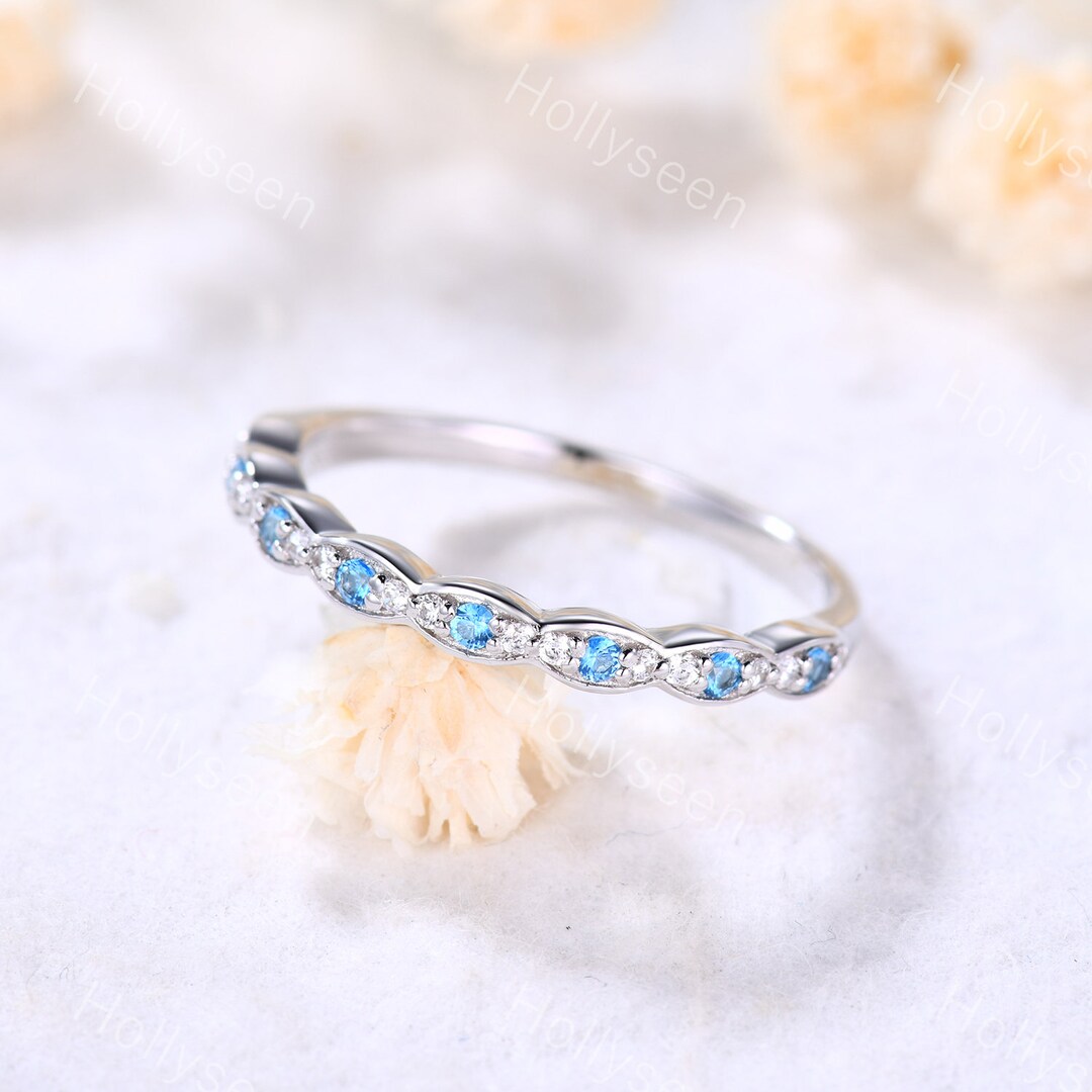 Blue Topaz Wedding Band Silver White Gold Ring Blue Gemstone