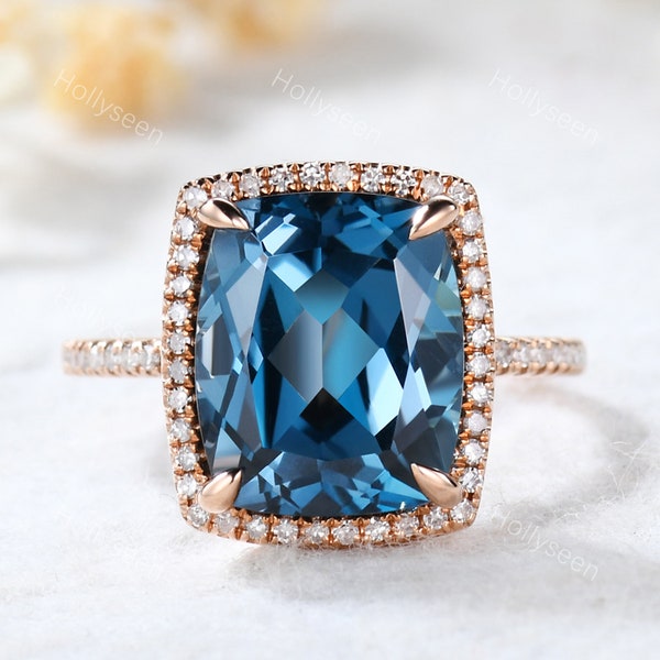 Cushion Cut London Blue Topaz Ring Rose Gold London Topaz Engagement Ring Dainty Ring Halo Ring Sterling Silver Ring Vintage Ring Birthstone