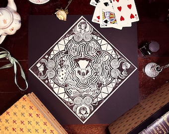 Down The Rabbit Hole - handmade HABROMANIA inspired linocut print, 12inx12in - print ONLY