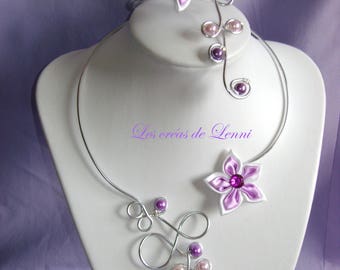 adornment jewelry purple and pink wire aluminum beads Pearl satin flower bracelet necklace