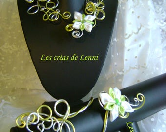 ensemble collier, bracelet fil alu argent diamant et vert