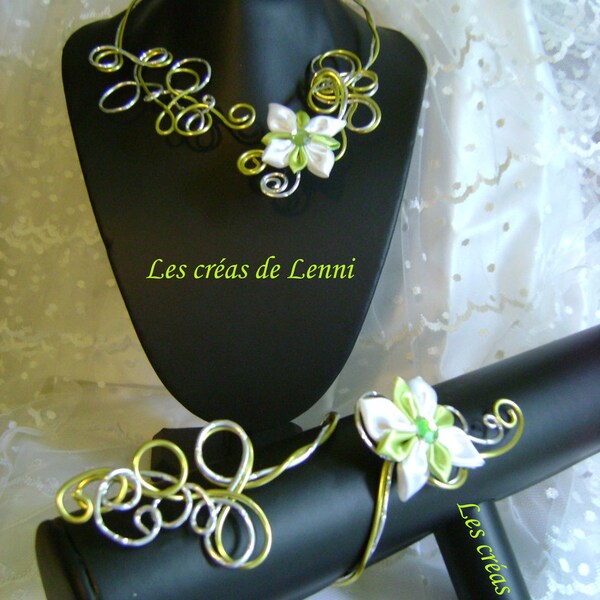 ensemble collier, bracelet fil alu argent diamant et vert