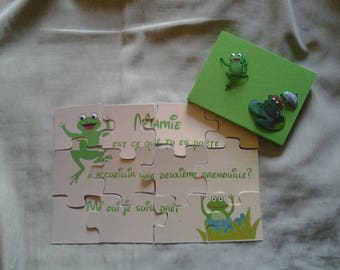 Puzzle 12 pièces theme grenouille pour annoncer une naissance dans sa boîte cadeau