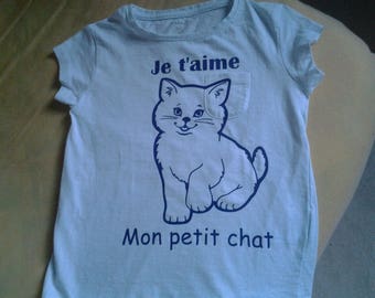 Tshirt enfant manches courtes filles, taille 5 ans pièce unique, blanc, decor bleu