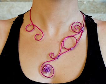 Pink aluminum wire necklace