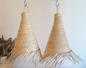 Pantalla de paja natural con bordes deshilachados, lámpara colgante de paja boho, lámpara de palmera boho, tamaños M, L.