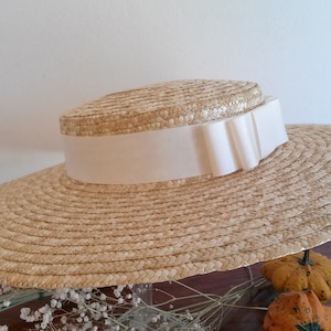 Canotier en paille naturelle pour la mariée, chapeau de mariage en paille, canotier à larges bords en paille naturelle pour la mariée. image 2