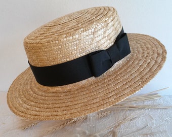 Canotier en paille naturelle, canotier en paille avec ruban en gros grain, canotier de cérémonie en paille naturelle, chapeau d’ été paille.