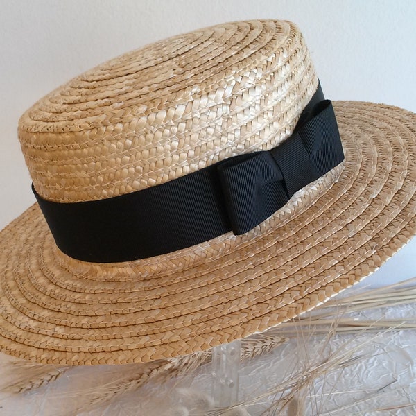 Canotier en paille naturelle, canotier en paille avec ruban en gros grain, canotier de cérémonie en paille naturelle, chapeau d’ été paille.