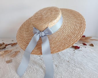 Natural straw boater, ceremonial straw boater, straw wedding hat, wide-brimmed natural straw boater.