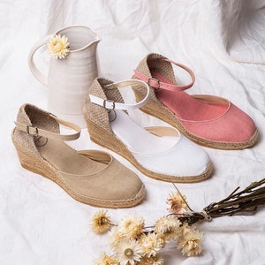 Jute summer espadrille, jute and linen summer espadrille, linen espadrille with buckle ankle strap, sizes 37 to 38 EU.