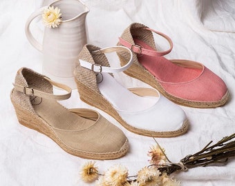 Espadrille d’ été en jute, espadrille d’ été en jute et lin, espadrille en lin avec bride à boucle à la cheville, tailles 37 a 38 EU.